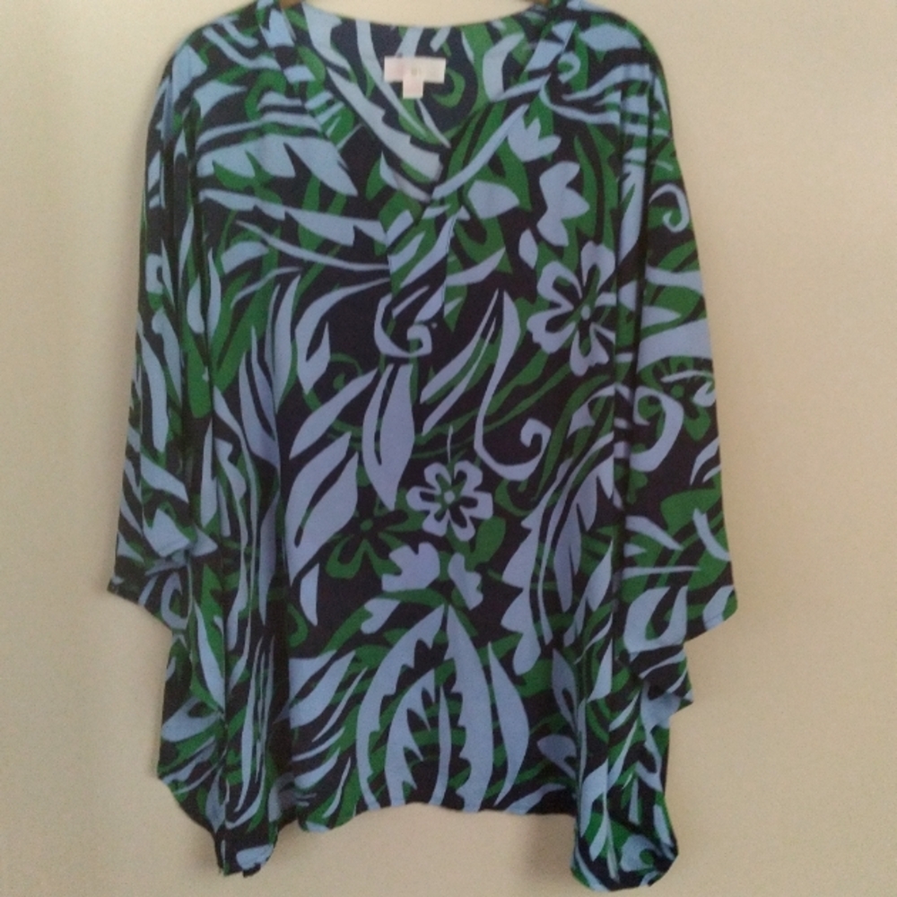 Belle By Kim Gravel Sheer Blue‎ Green Floral Tropical Print Oversized Tunic XL